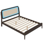 Queen Size Wood Storage Platform Bed with LED Light,Rattan Headboard