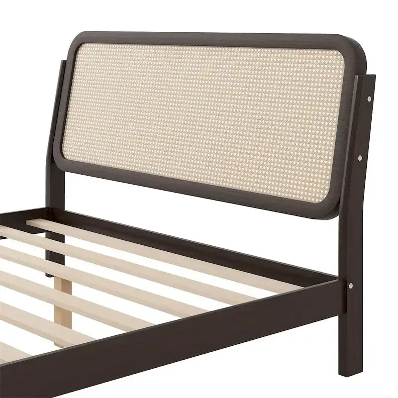 Queen Size Wood Storage Platform Bed with LED Light,Rattan Headboard
