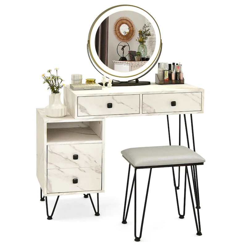 Costway Coiffeuse avec tabouret et miroir LED à intensité variable Grand meuble de rangement - Voir détails