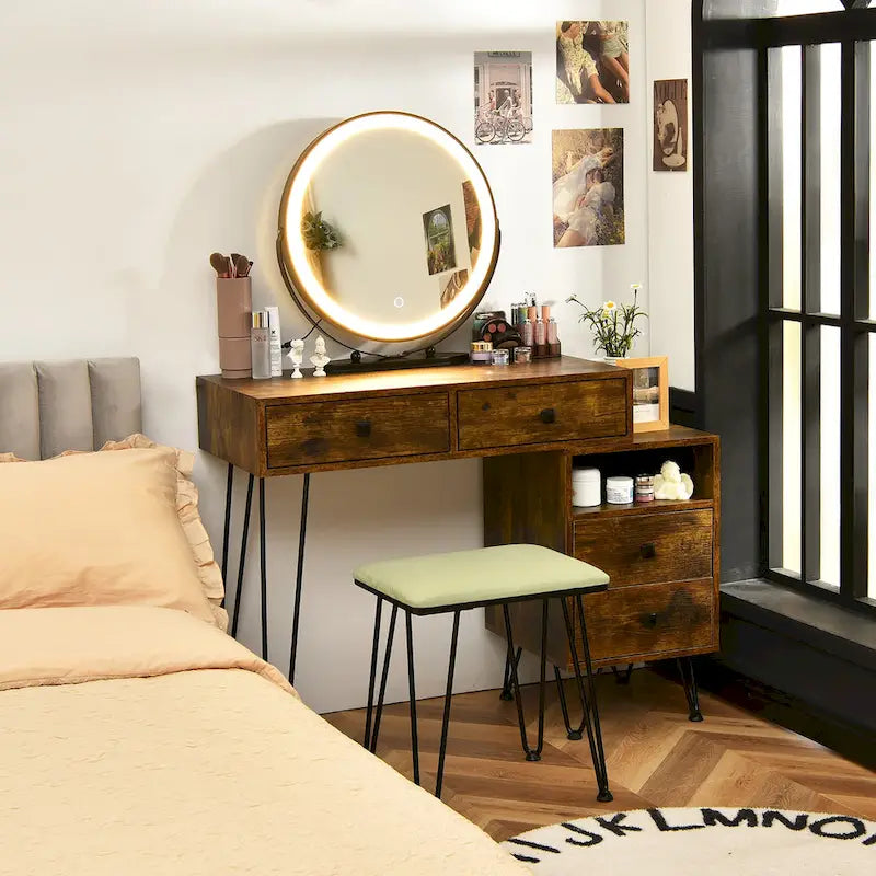 Costway Coiffeuse avec tabouret et miroir LED à intensité variable Grand meuble de rangement - Voir détails