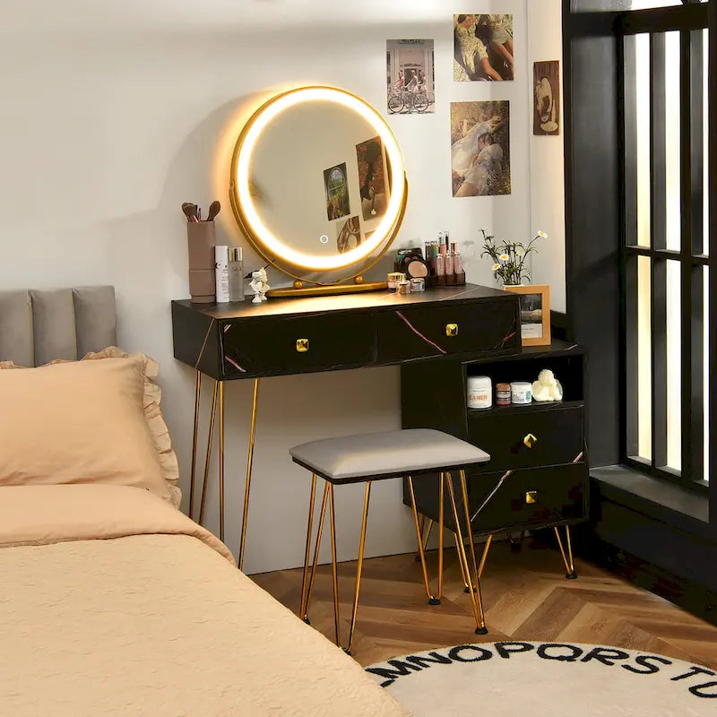 Costway Coiffeuse avec tabouret et miroir LED à intensité variable Grand meuble de rangement - Voir détails