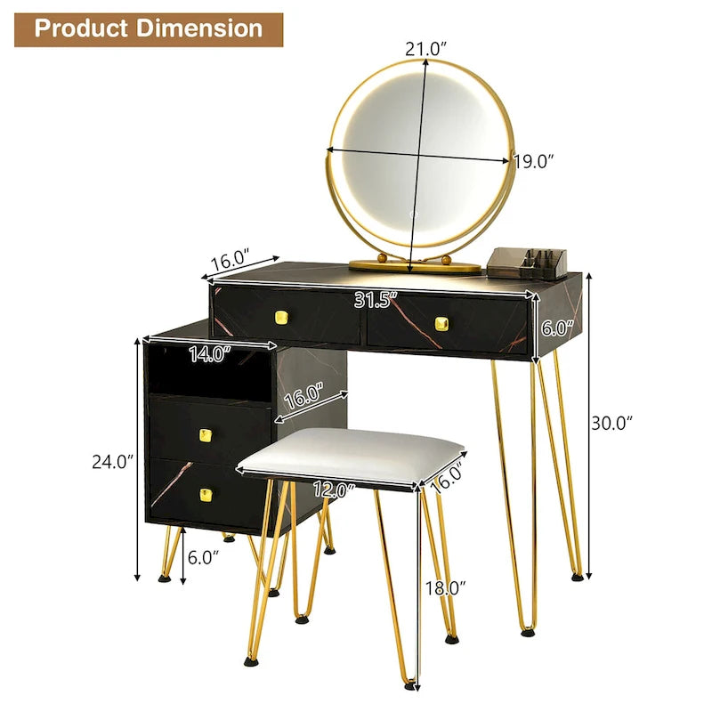 Costway Coiffeuse avec tabouret et miroir LED à intensité variable Grand meuble de rangement - Voir détails