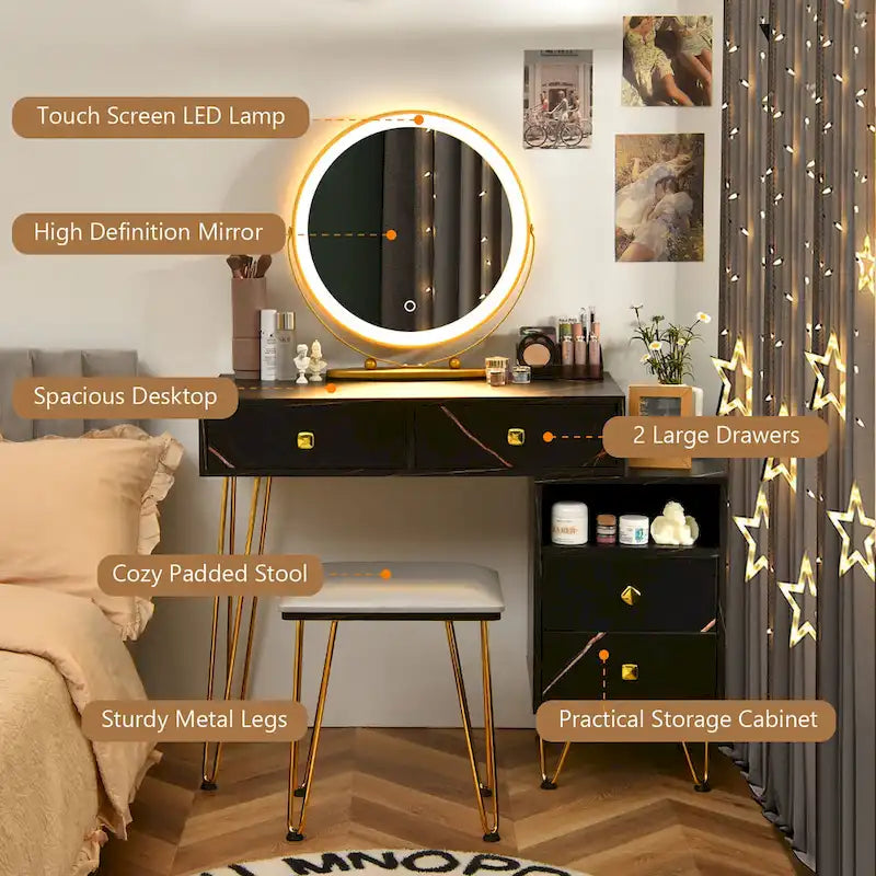 Costway Coiffeuse avec tabouret et miroir LED à intensité variable Grand meuble de rangement - Voir détails