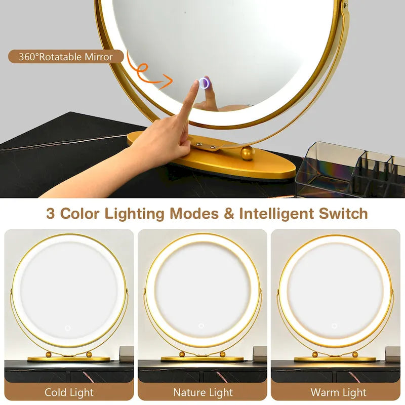 Costway Coiffeuse avec tabouret et miroir LED à intensité variable Grand meuble de rangement - Voir détails