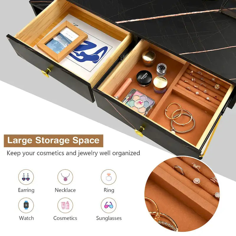 Costway Coiffeuse avec tabouret et miroir LED à intensité variable Grand meuble de rangement - Voir détails