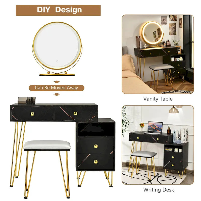 Costway Coiffeuse avec tabouret et miroir LED à intensité variable Grand meuble de rangement - Voir détails