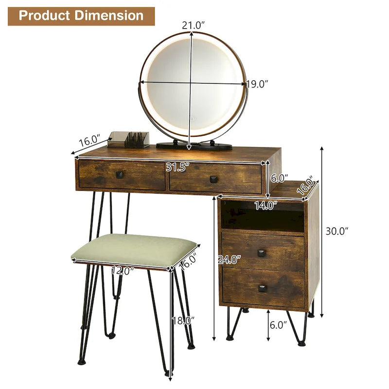 Costway Coiffeuse avec tabouret et miroir LED à intensité variable Grand meuble de rangement - Voir détails