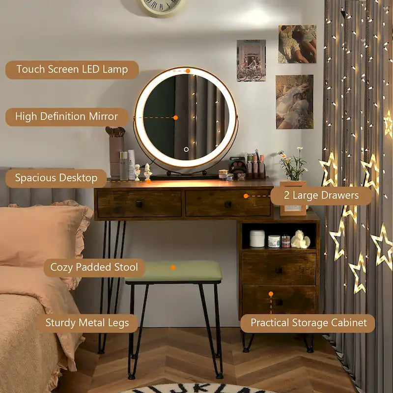 Costway Coiffeuse avec tabouret et miroir LED à intensité variable Grand meuble de rangement - Voir détails