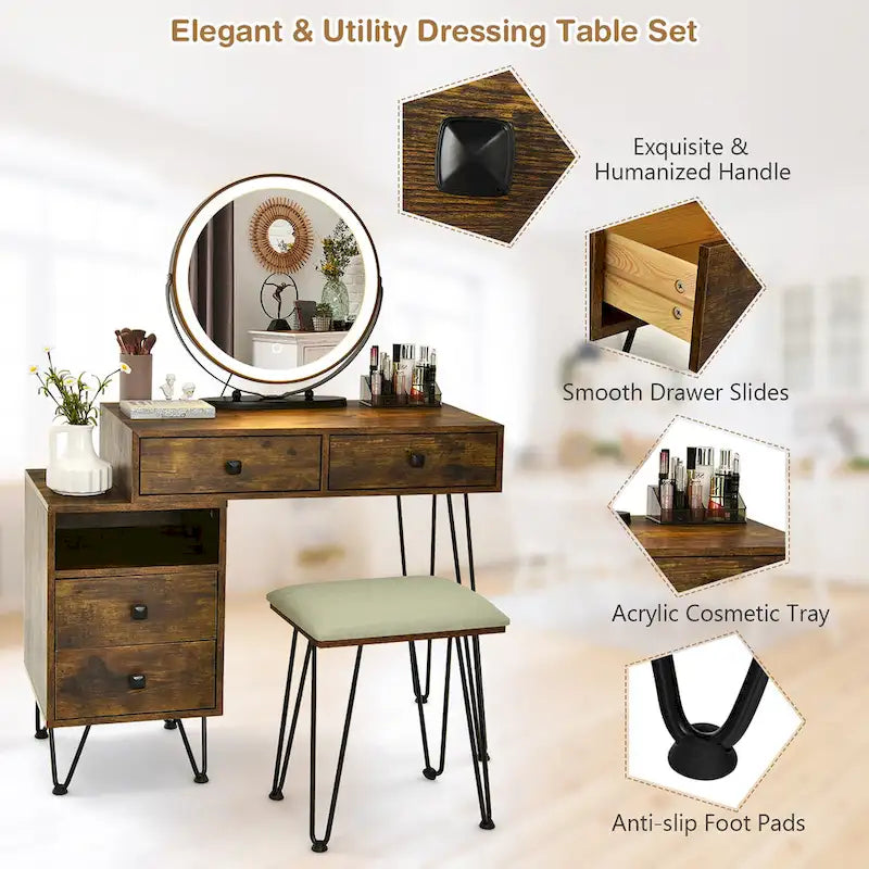 Costway Coiffeuse avec tabouret et miroir LED à intensité variable Grand meuble de rangement - Voir détails