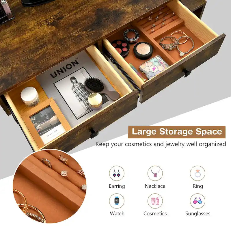 Costway Coiffeuse avec tabouret et miroir LED à intensité variable Grand meuble de rangement - Voir détails