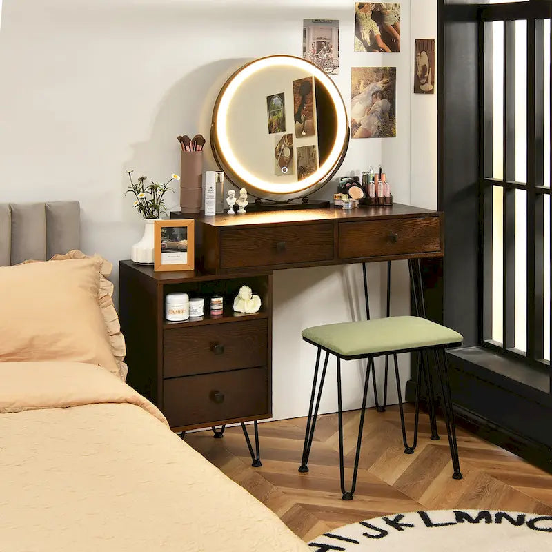 Costway Coiffeuse avec tabouret et miroir LED à intensité variable Grand meuble de rangement - Voir détails
