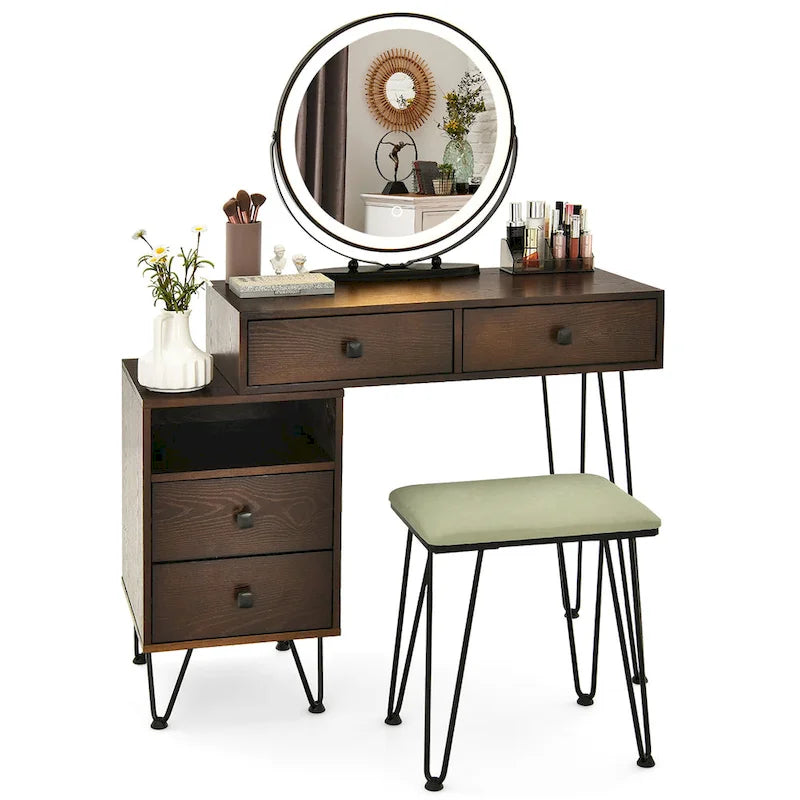 Costway Coiffeuse avec tabouret et miroir LED à intensité variable Grand meuble de rangement - Voir détails