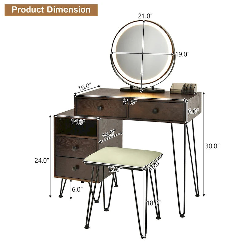 Costway Coiffeuse avec tabouret et miroir LED à intensité variable Grand meuble de rangement - Voir détails