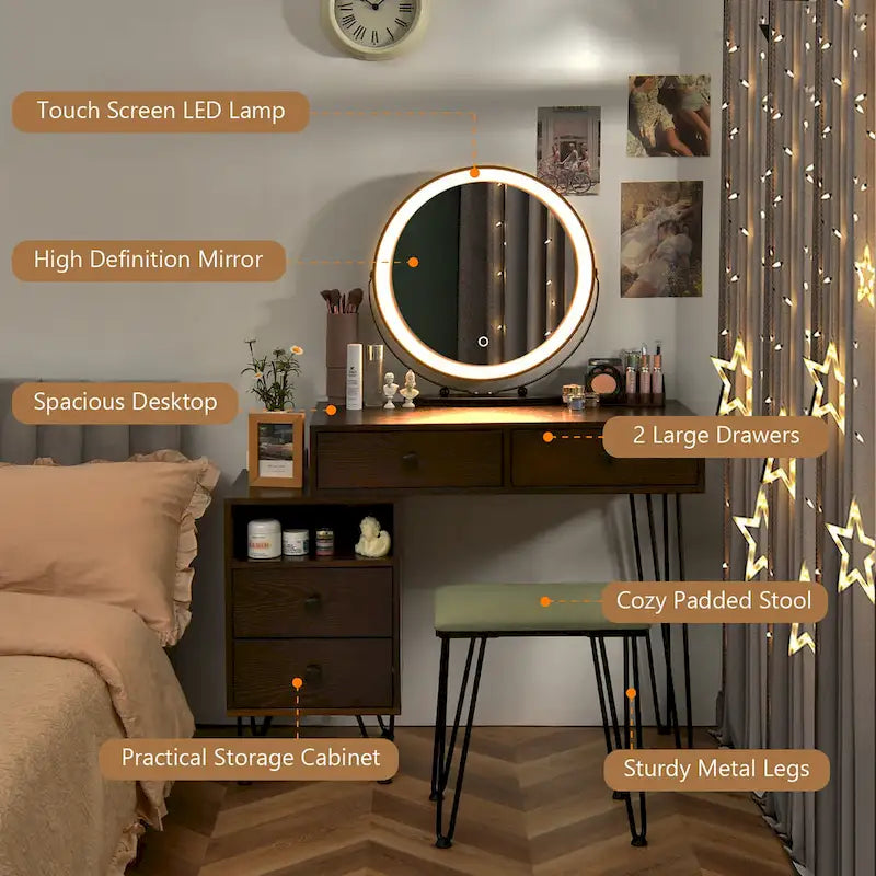 Costway Coiffeuse avec tabouret et miroir LED à intensité variable Grand meuble de rangement - Voir détails