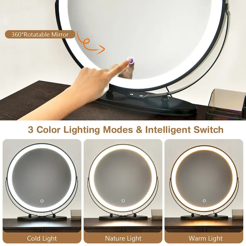 Costway Coiffeuse avec tabouret et miroir LED à intensité variable Grand meuble de rangement - Voir détails