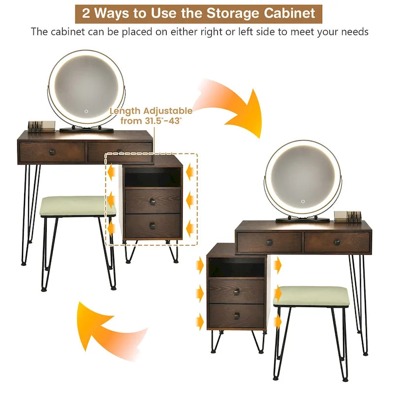 Costway Coiffeuse avec tabouret et miroir LED à intensité variable Grand meuble de rangement - Voir détails