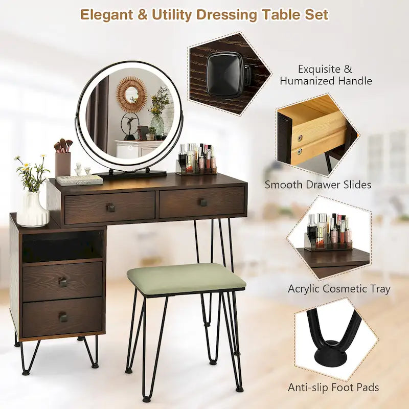 Costway Coiffeuse avec tabouret et miroir LED à intensité variable Grand meuble de rangement - Voir détails