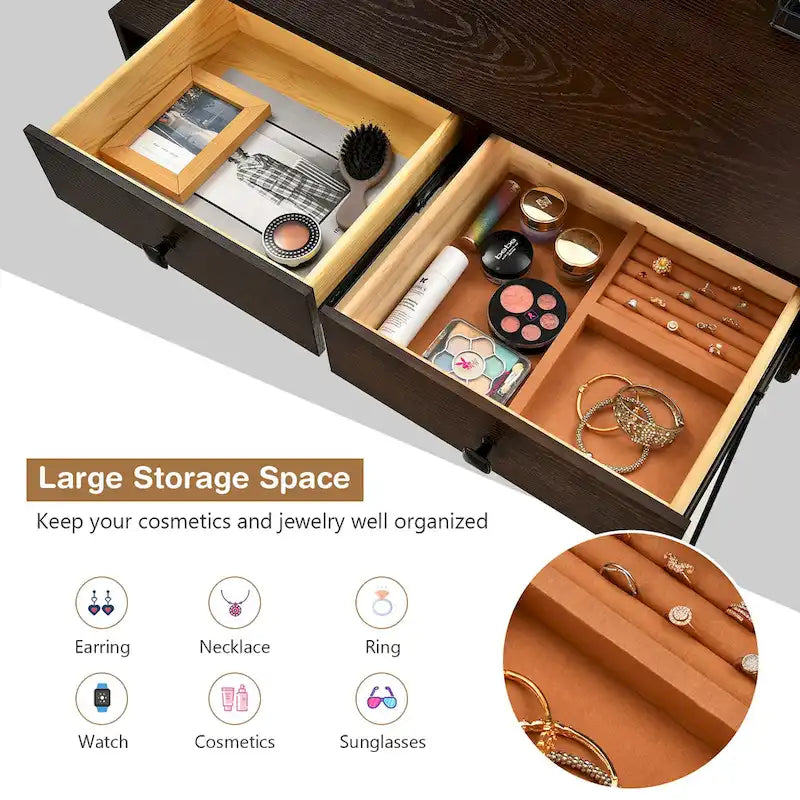 Costway Coiffeuse avec tabouret et miroir LED à intensité variable Grand meuble de rangement - Voir détails