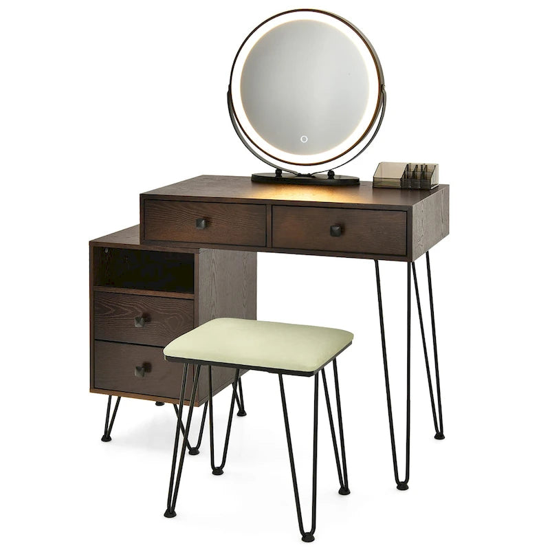 Costway Coiffeuse avec tabouret et miroir LED à intensité variable Grand meuble de rangement - Voir détails