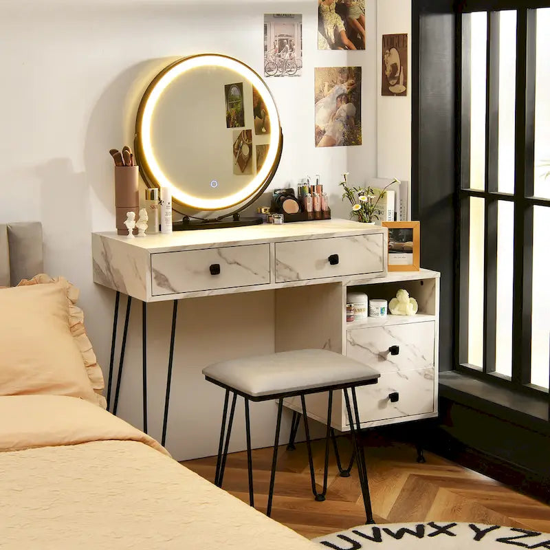 Costway Coiffeuse avec tabouret et miroir LED à intensité variable Grand meuble de rangement - Voir détails