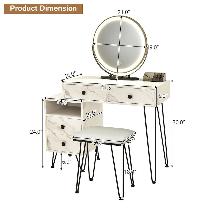 Costway Coiffeuse avec tabouret et miroir LED à intensité variable Grand meuble de rangement - Voir détails