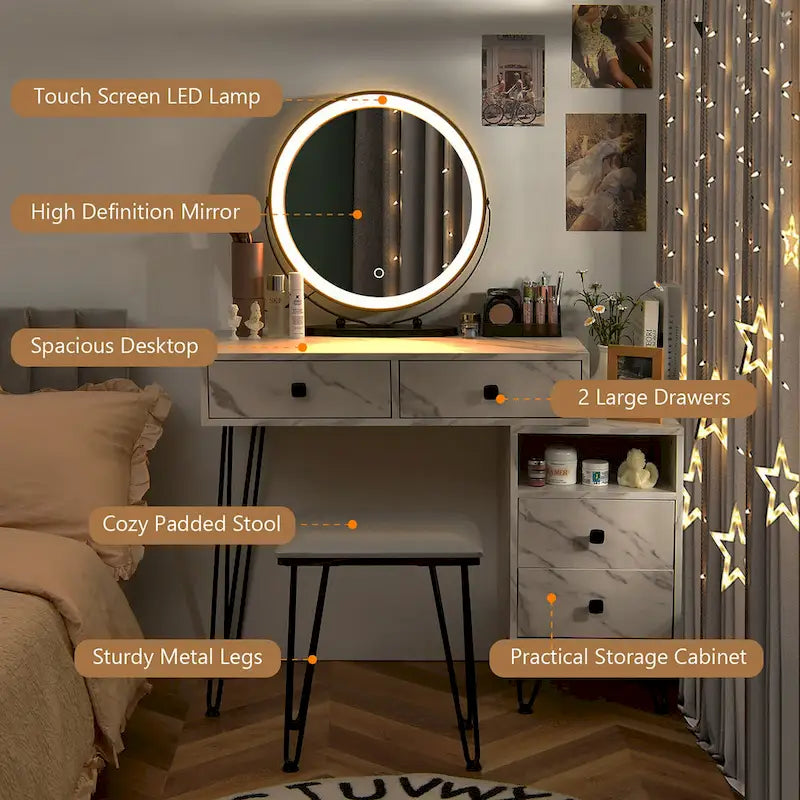 Costway Coiffeuse avec tabouret et miroir LED à intensité variable Grand meuble de rangement - Voir détails