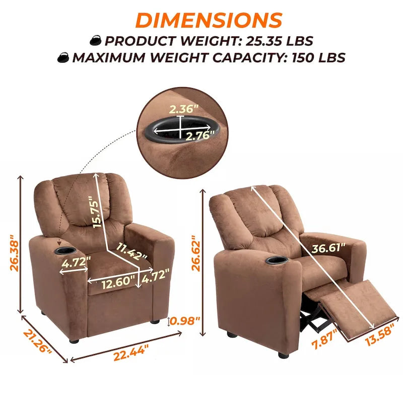 Kids Push Back Recliner Chair with Cup Holder - For Ages 3+