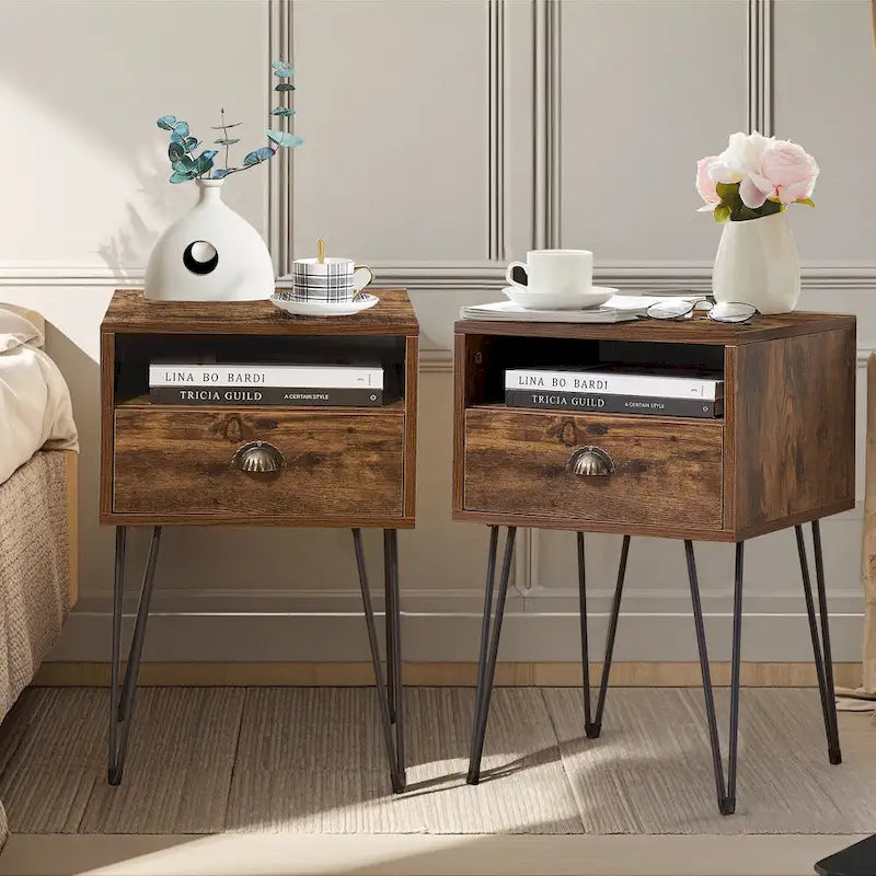 Modern Mid Century 1-Drawer Hairpin Nightstands, Brown/Blue/Black/Yellow, Four Options