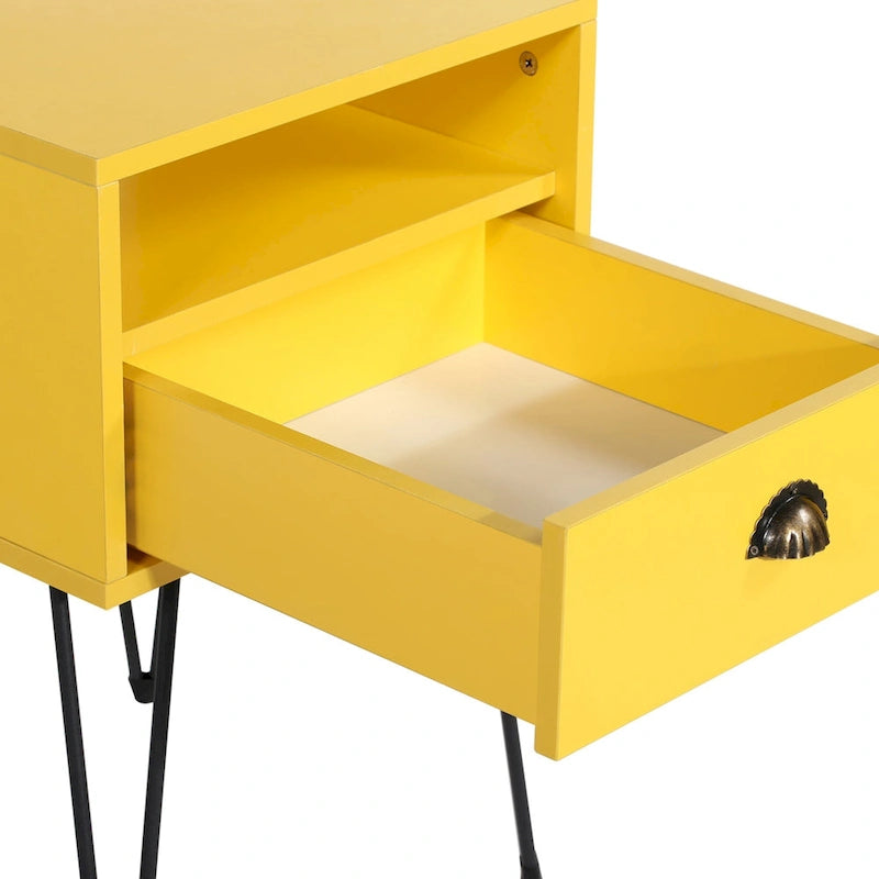 Modern Mid Century 1-Drawer Hairpin Nightstands, Brown/Blue/Black/Yellow, Four Options