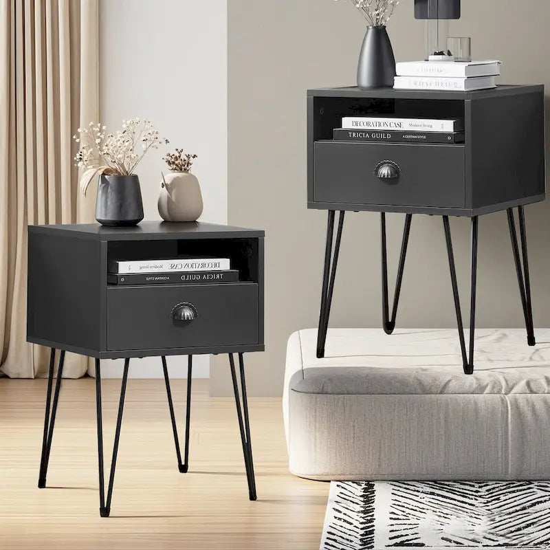 Modern Mid Century 1-Drawer Hairpin Nightstands, Brown/Blue/Black/Yellow, Four Options