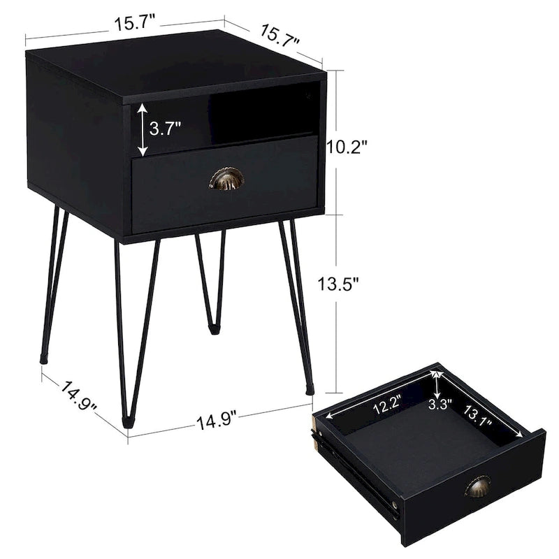 Modern Mid Century 1-Drawer Hairpin Nightstands, Brown/Blue/Black/Yellow, Four Options