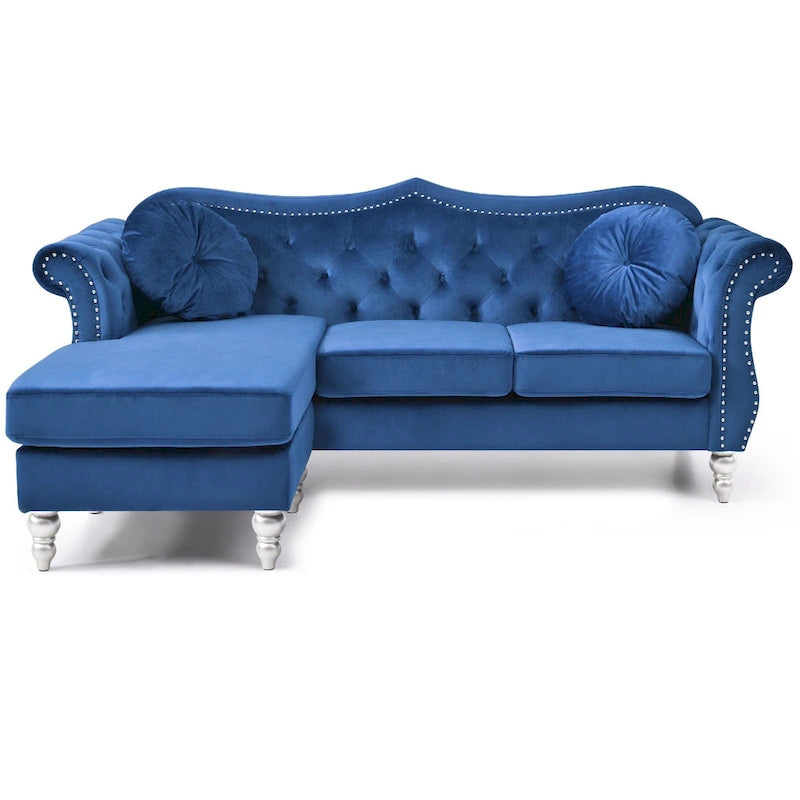 Canapé d'angle Chesterfield en velours capitonné avec coussins décoratifs – 81 – Bleu