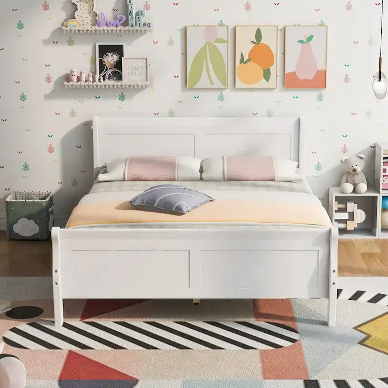 Full Size Wood Platform Bed with Headboard and Wooden Slat Support, White