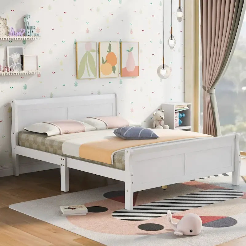 Lit plateforme en bois pleine grandeur avec tête de lit et support à lattes en bois, blanc