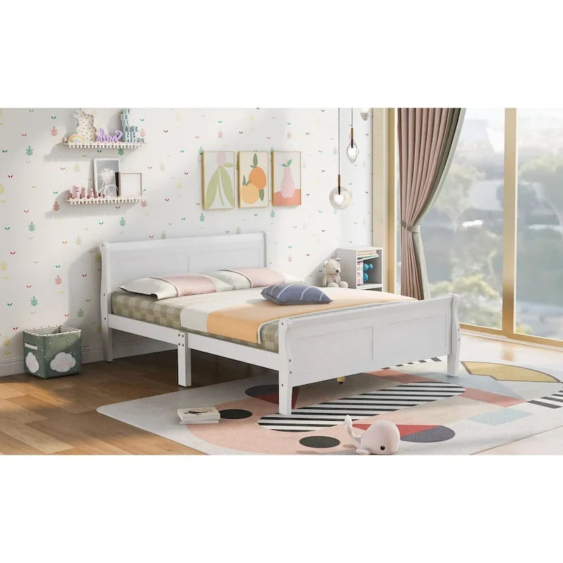 Lit plateforme en bois pleine grandeur avec tête de lit et support à lattes en bois, blanc