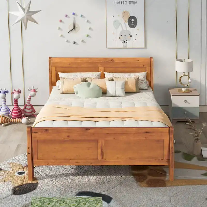 Lit plateforme en bois pleine grandeur avec tête de lit et support à lattes en bois, blanc