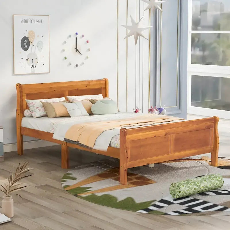 Lit plateforme en bois pleine grandeur avec tête de lit et support à lattes en bois, blanc
