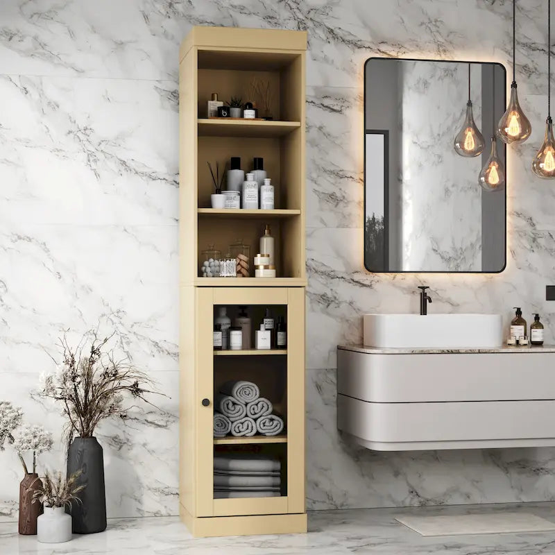 Palace Imports 100% Solid Wood 16.5 Bathroom Storage Cabinet with Clear Glass Doors and Adjustable Shelves