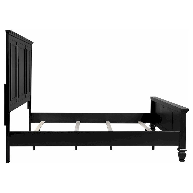 Lit King size Lila, Tête de lit à panneaux encadrés, Bois noir style ferme