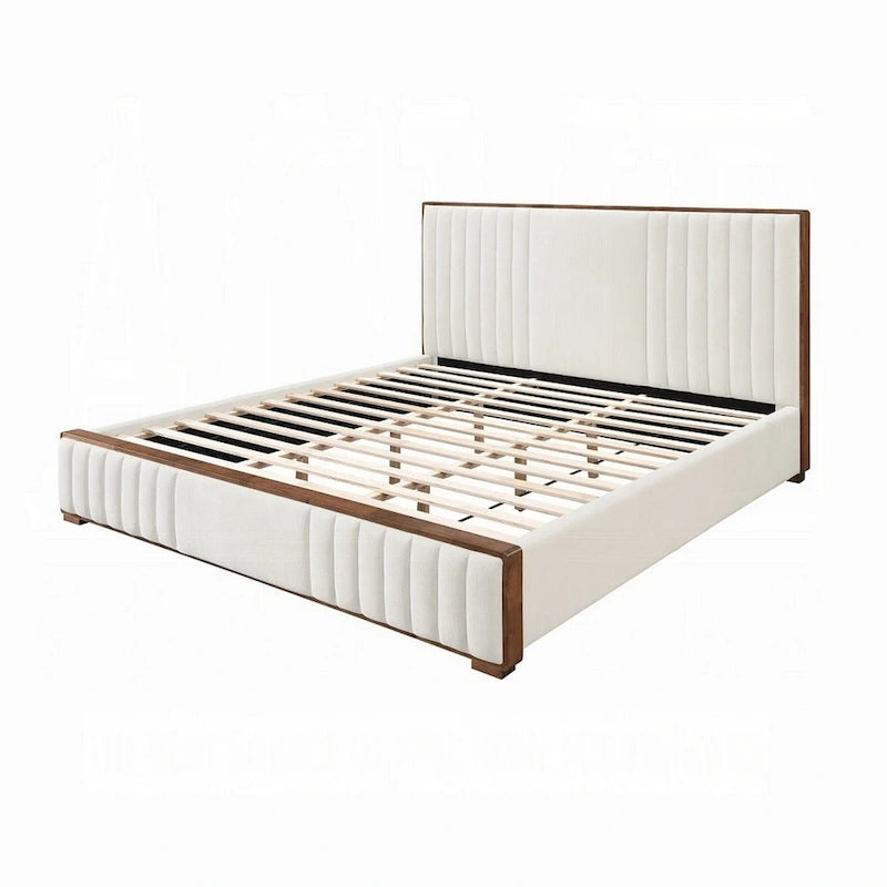Lit double Lesa, capitonnage chevrons en chenille beige, noyer brun