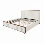 Lit double Lesa, capitonnage chevrons en chenille beige, noyer brun