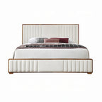 Lit double Lesa, capitonnage chevrons en chenille beige, noyer brun