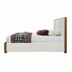 Lit double Lesa, capitonnage chevrons en chenille beige, noyer brun