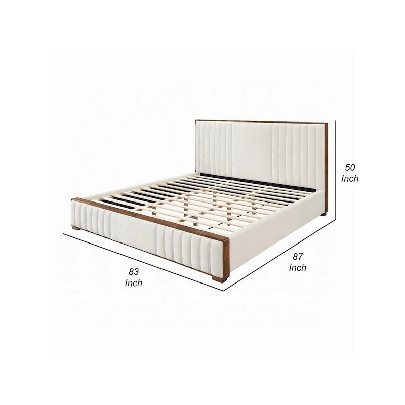 Lit double Lesa, capitonnage chevrons en chenille beige, noyer brun