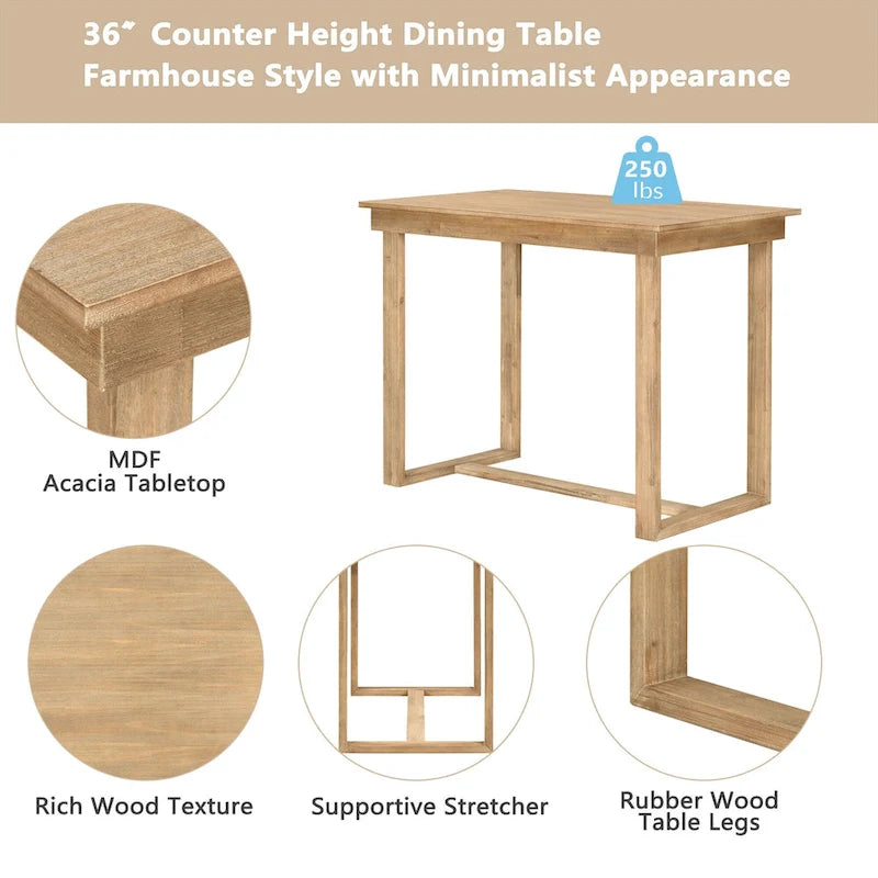 Ensemble de salle à manger 5 pièces à hauteur de comptoir, ensemble de table de cuisine en bois massif avec table à manger rectangulaire et 4 chaises de salle à manger