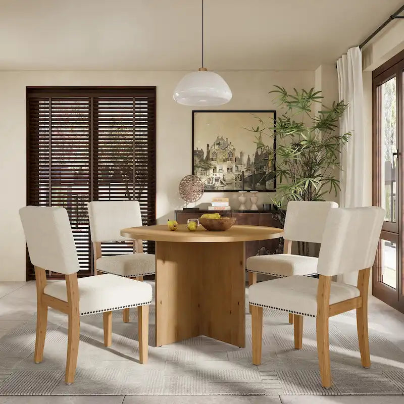 4 People Round Dining Table Set, 5 Piece Kitchen Table Set with Round Dining Table and 4 Upholstered Dining Chairs