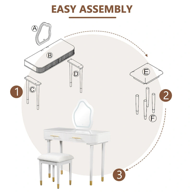 Vanity Table Set with Cushioned Stool, Dressing Table with Touch Screen LED Mirror, Makeup Table with 2 Drawers