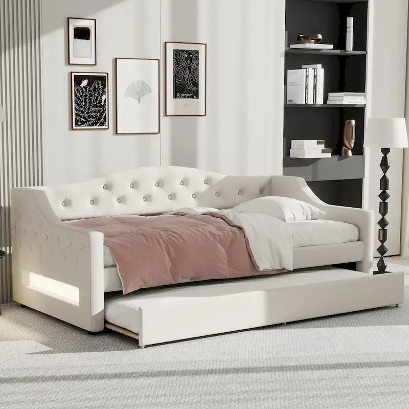 Linen Upholstered Twin XL Daybed with LED Lights and Trundle