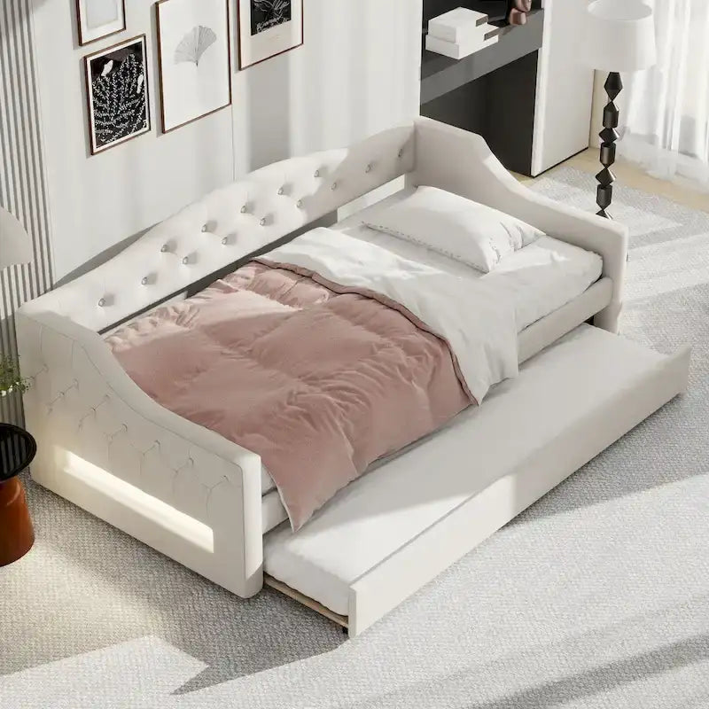Linen Upholstered Twin XL Daybed with LED Lights and Trundle