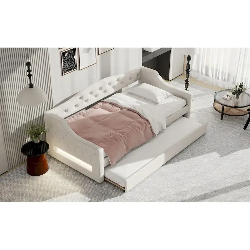 Linen Upholstered Twin XL Daybed with LED Lights and Trundle